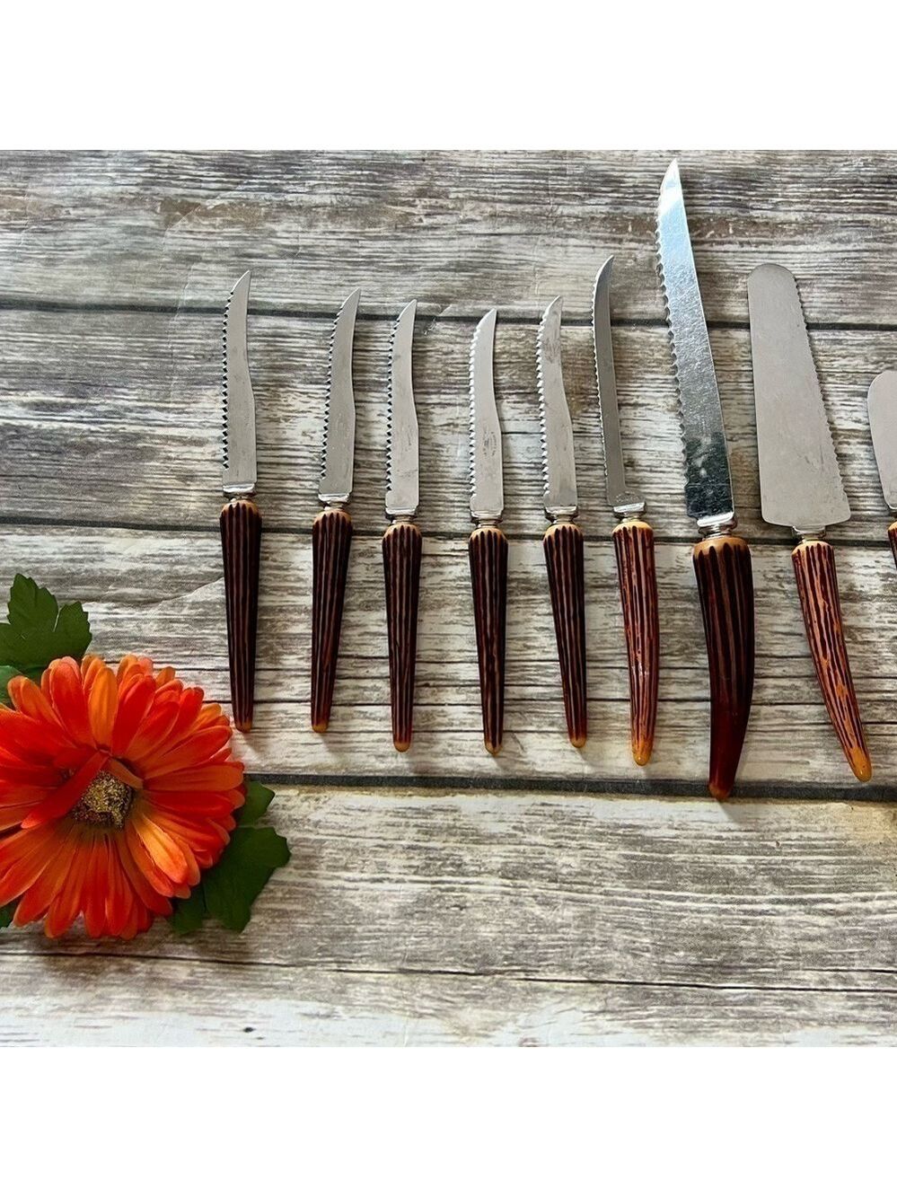 🌿E PARKER & SONS BAKELITE ANTLER KNIVES AND SERVING SET